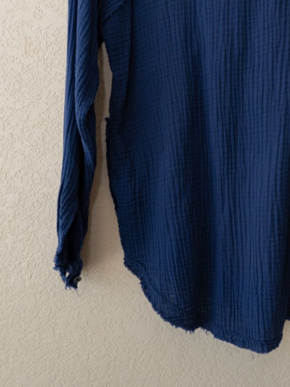 Zenana Gauze Button Up Shirt Blue Raw Hem Oversized Pocket Top Cotton Small - Picture 12 of 13